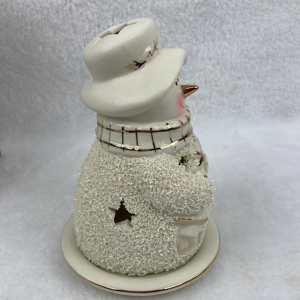 Christmas Let It Snow Ceramic Snowman Tea Light Holder with Plate NIB